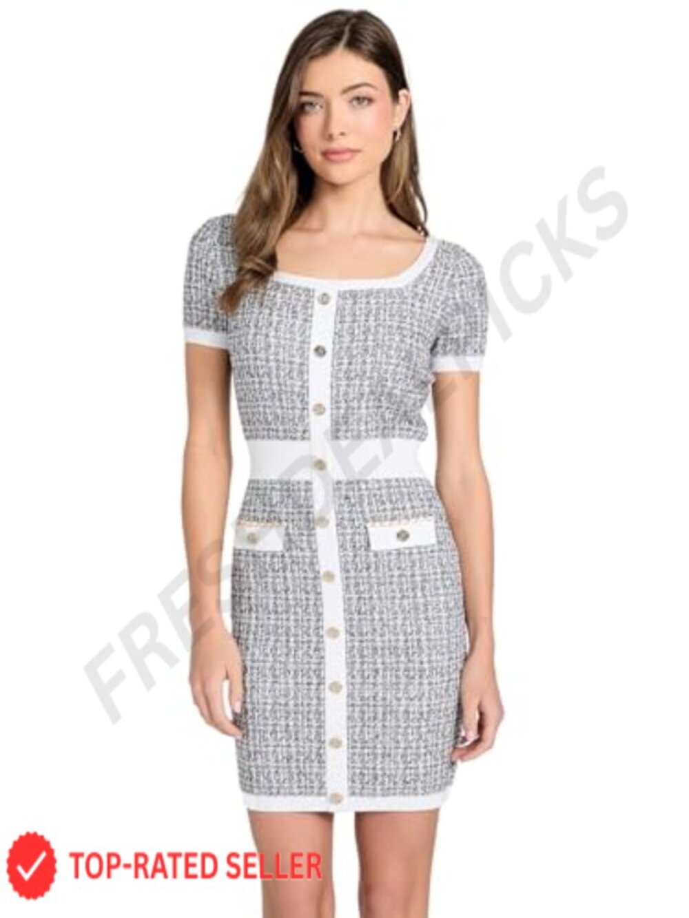 Tweed Knit Bodycon Mini Dress Square Neck Cap Sleeve Casual
